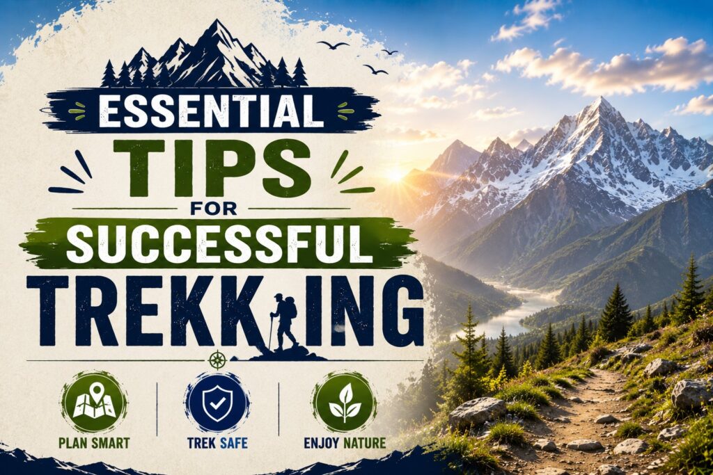 Essential Tips for Successful Trekking banner featuring a scenic mountain trail with snow-capped peaks and the message "Plan Smart, Trek Safe, Enjoy Nature."