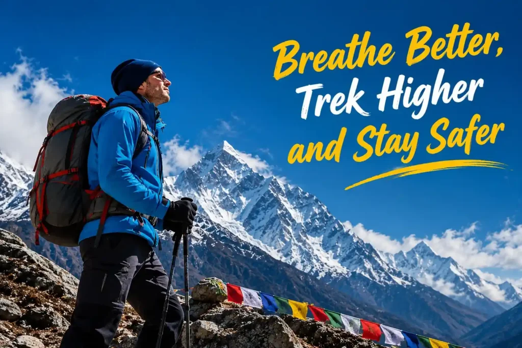 Experienced trekker standing in the Himalayas with a backpack and trekking poles, promoting safe high-altitude trekking with the slogan "Breathe Better, Trek Higher and Stay Safer."