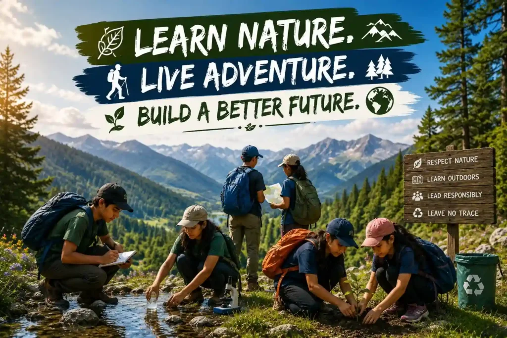 School students participating in an environmental education program by testing water, planting saplings, and exploring nature during an outdoor experiential learning camp in the mountains.