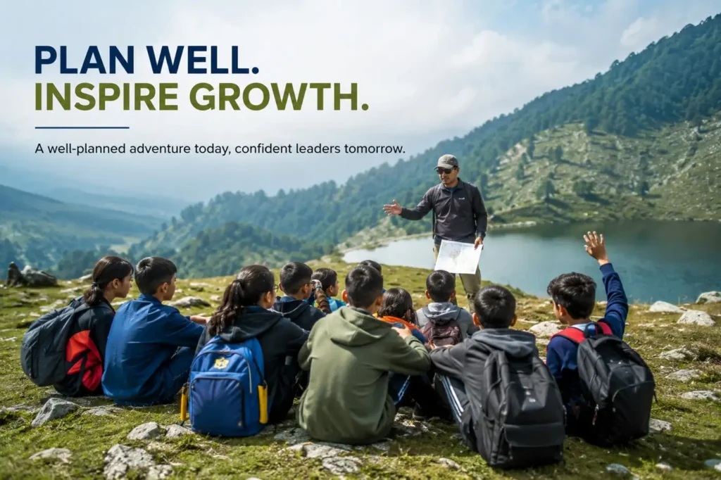 Outdoor educator briefing school students beside a mountain lake during an adventure learning program, demonstrating how careful planning creates safe, engaging, and confidence-building school camping experiences.