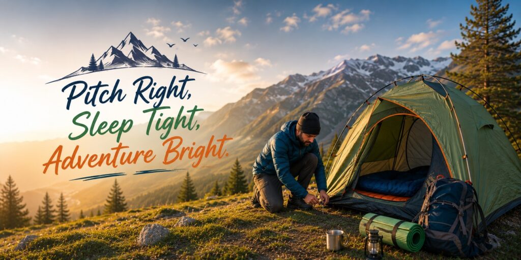 Trekker pitching a camping tent in the mountains during sunrise with backpack and camping gear.