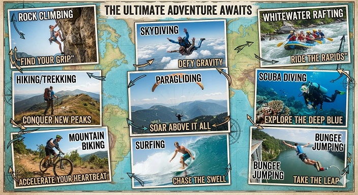 A colorful infographic map titled "The Ultimate Adventure Await" displaying various outdoor adventure activities with photos and motivational phrases.