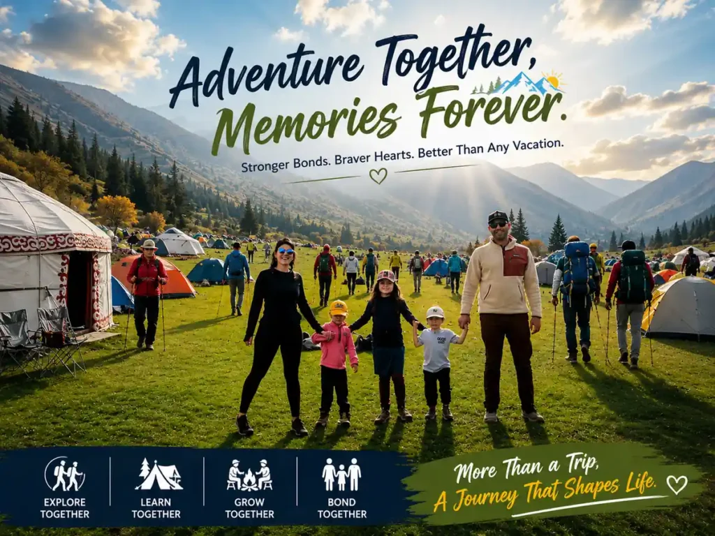 Family enjoying an outdoor adventure and camping experience in the mountains