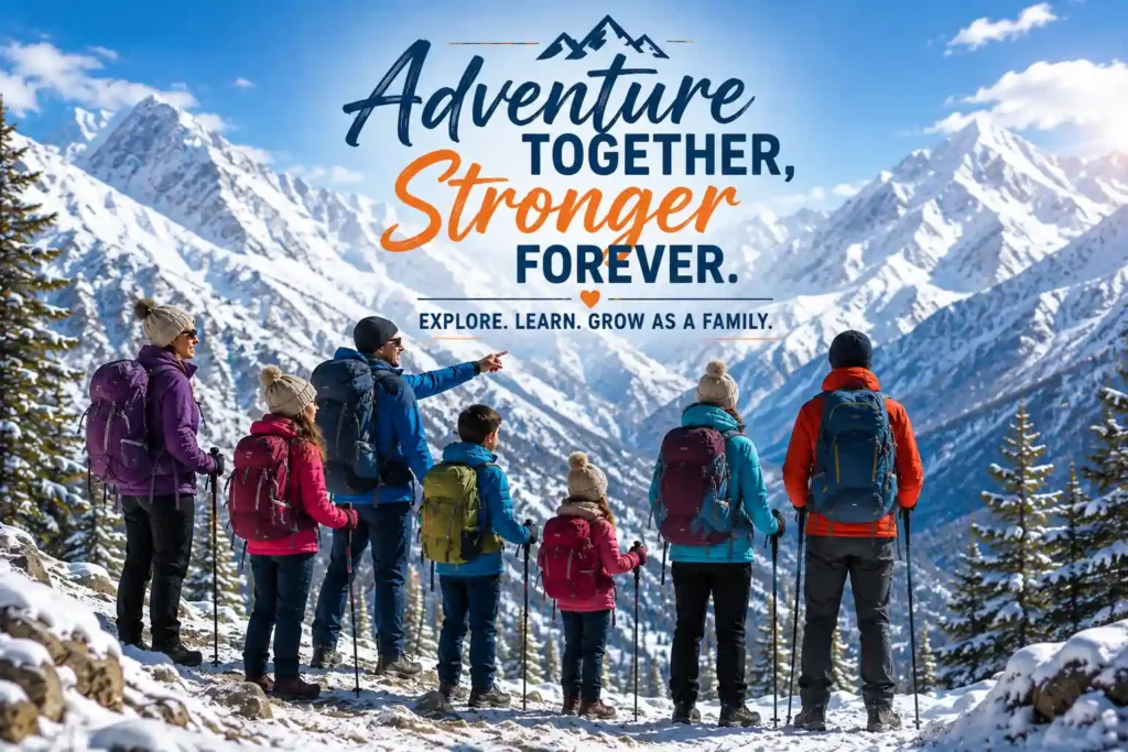 Family trekking together through snow-covered mountains on an adventure program