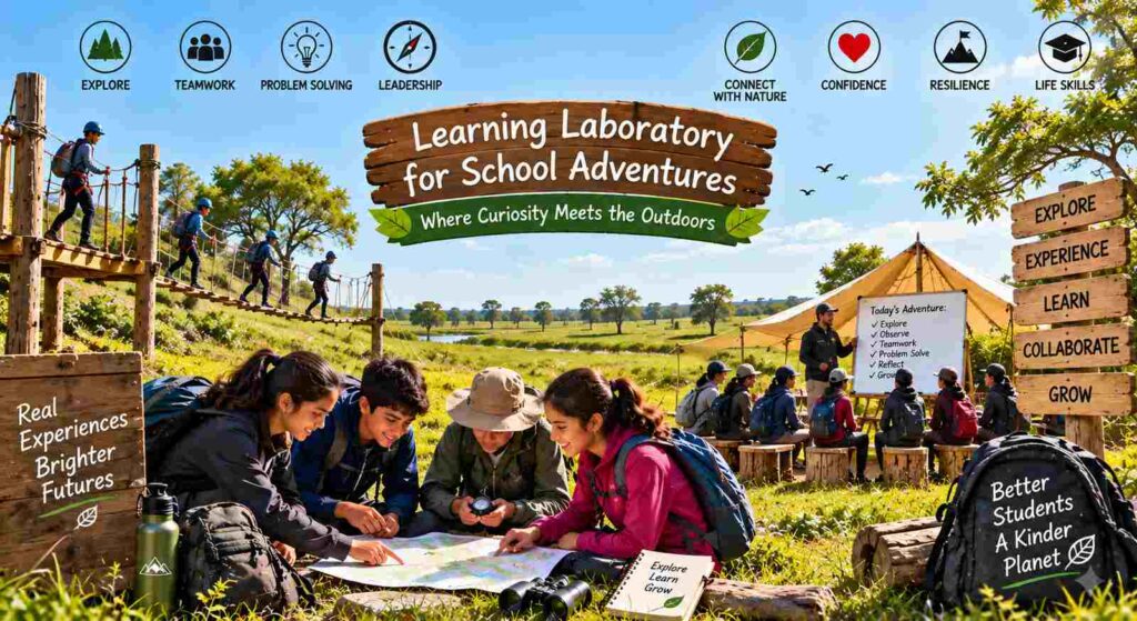 Learning laboratory for school adventures with students participating in outdoor experiential learning, teamwork and adventure activities in a grassland setting